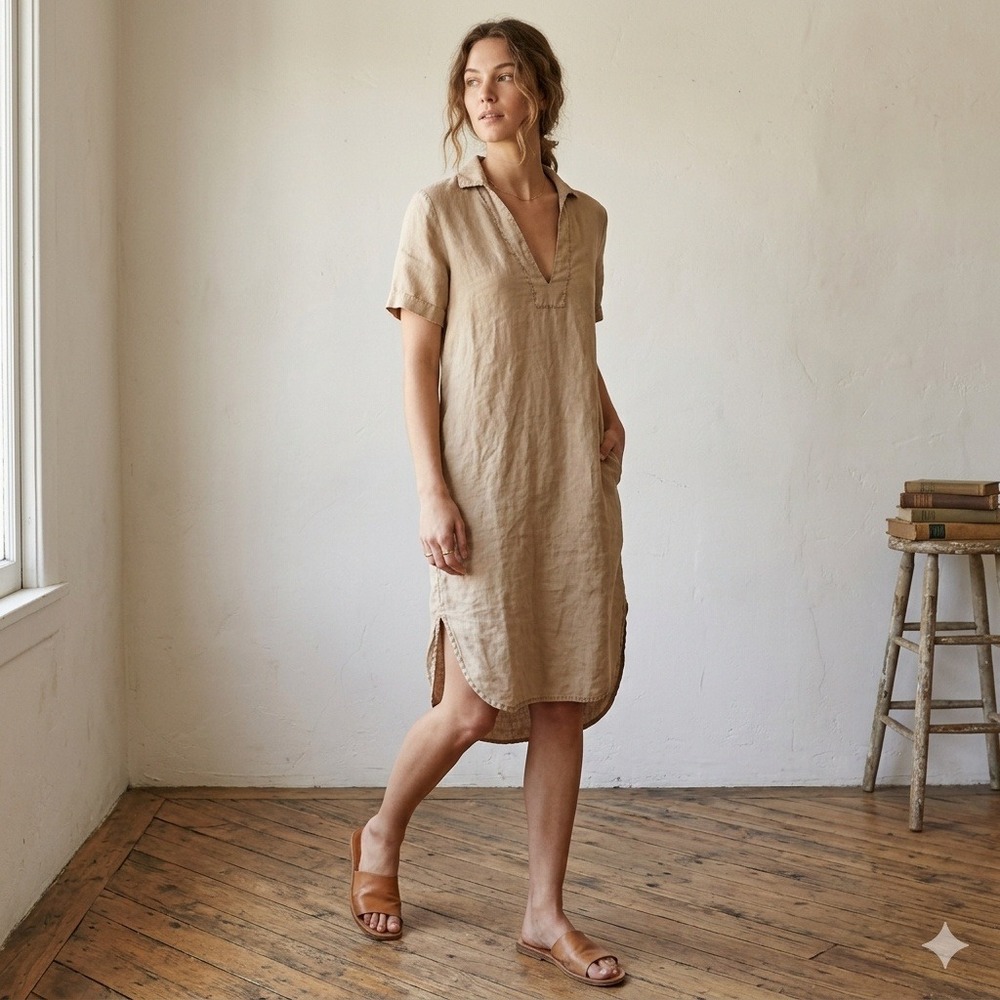 James Perse Womens Dress XS 0 Tan Linen Short Sleeve V-Neck‎ High Low Coastal